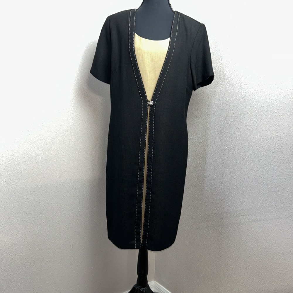 Vintage 80's Scarlett Sheath Dress Women's 14 Black &‎ Tan Faux 2 Piece Button